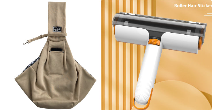 Beige bag and white hair removal roller on a striped background
