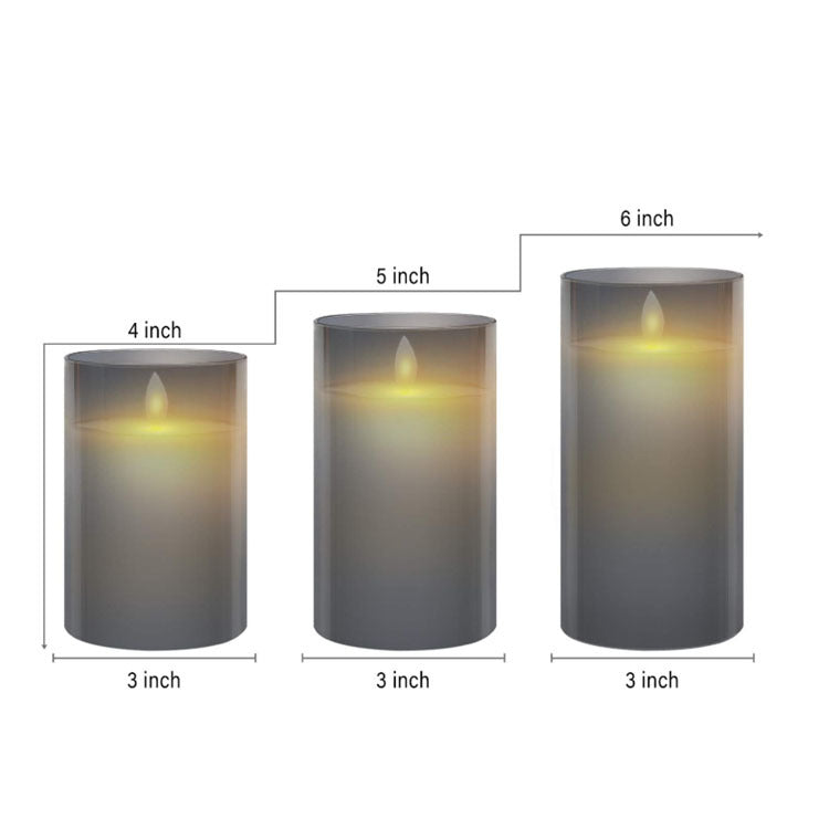 Glass-plated LED candle trio with moving flame, remote control; heights 4, 5, and 6 inches.