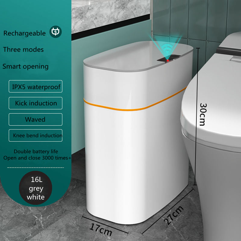 Smart toilet with features listed on a green panel in a bathroom setting