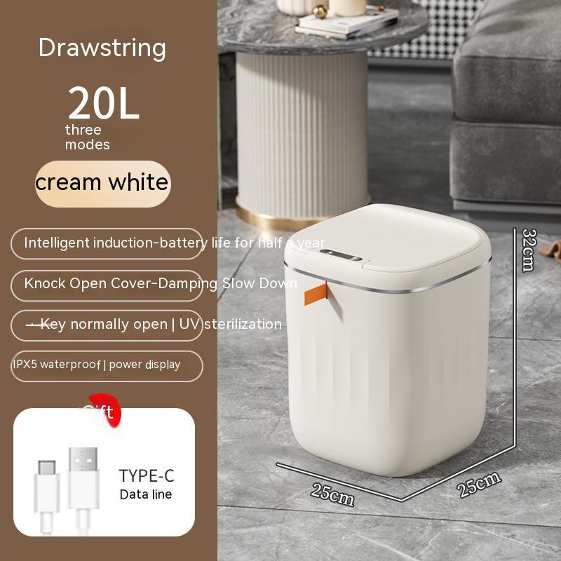 White trash bin with features listed on a brown background