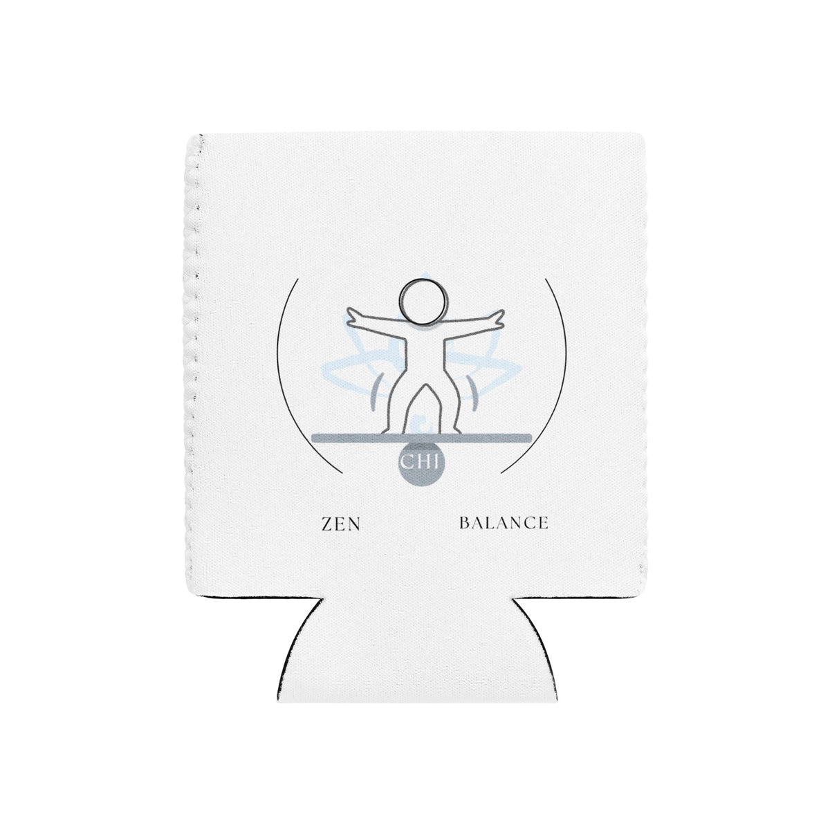 White can cooler with 'Zen Balance' design featuring a person and energy circles on a white background