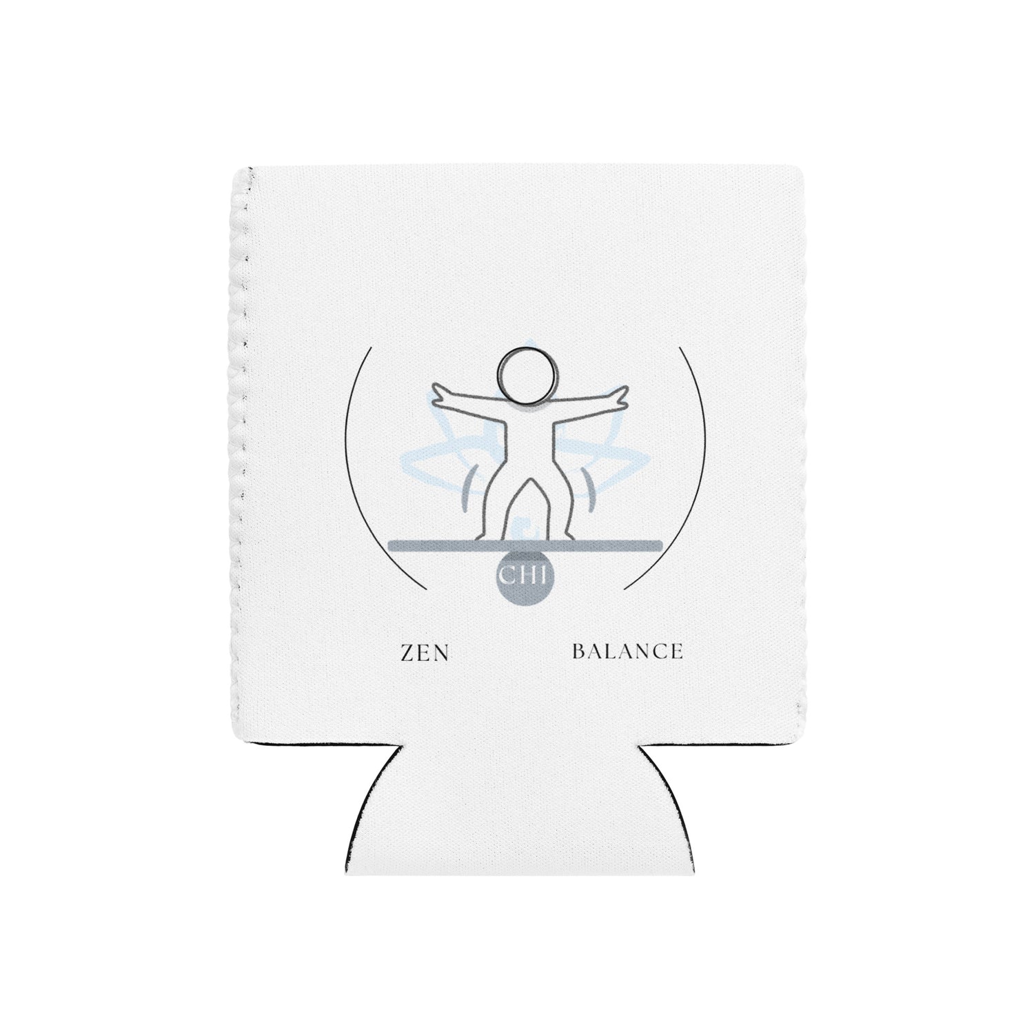 White can cooler with 'Zen Balance' design featuring a person and energy circles on a white background