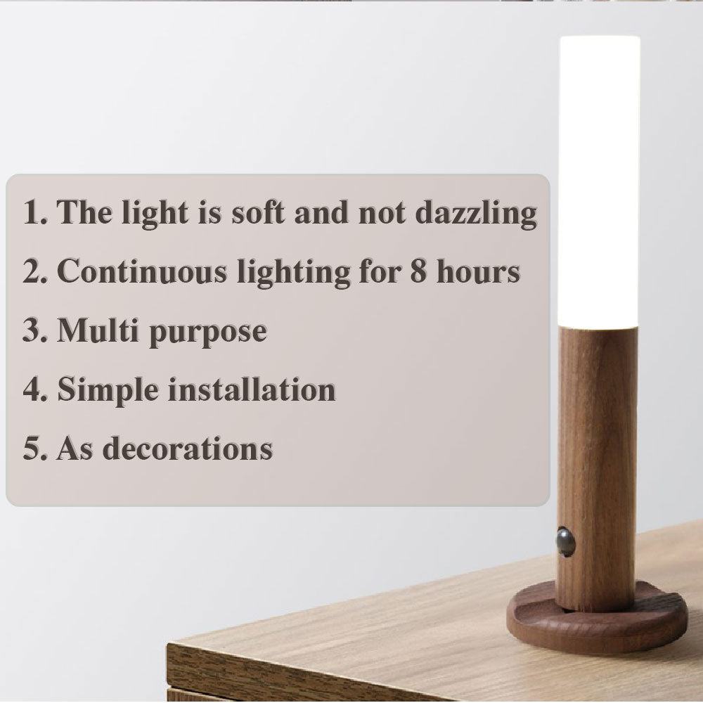 Wooden lamp with a light bulb on a wooden surface, featuring text about the lamp's features.