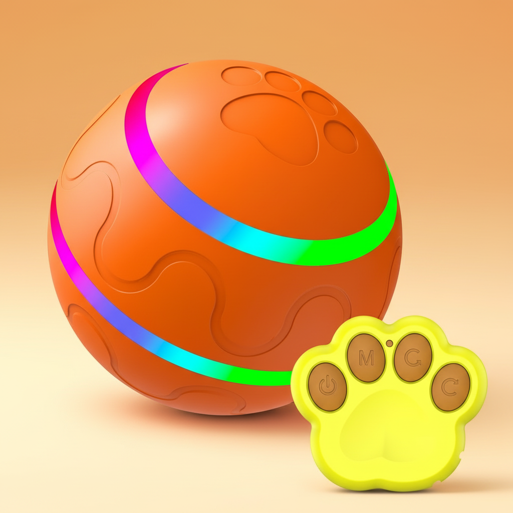 Orange ball with colorful bands and a yellow paw-shaped remote control on a beige background