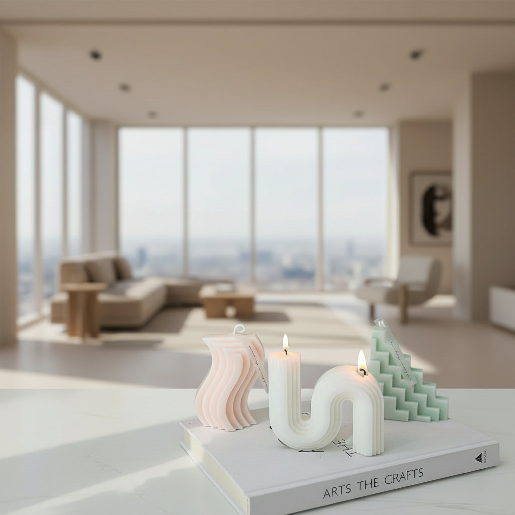 Modern living room with decorative candles on a book