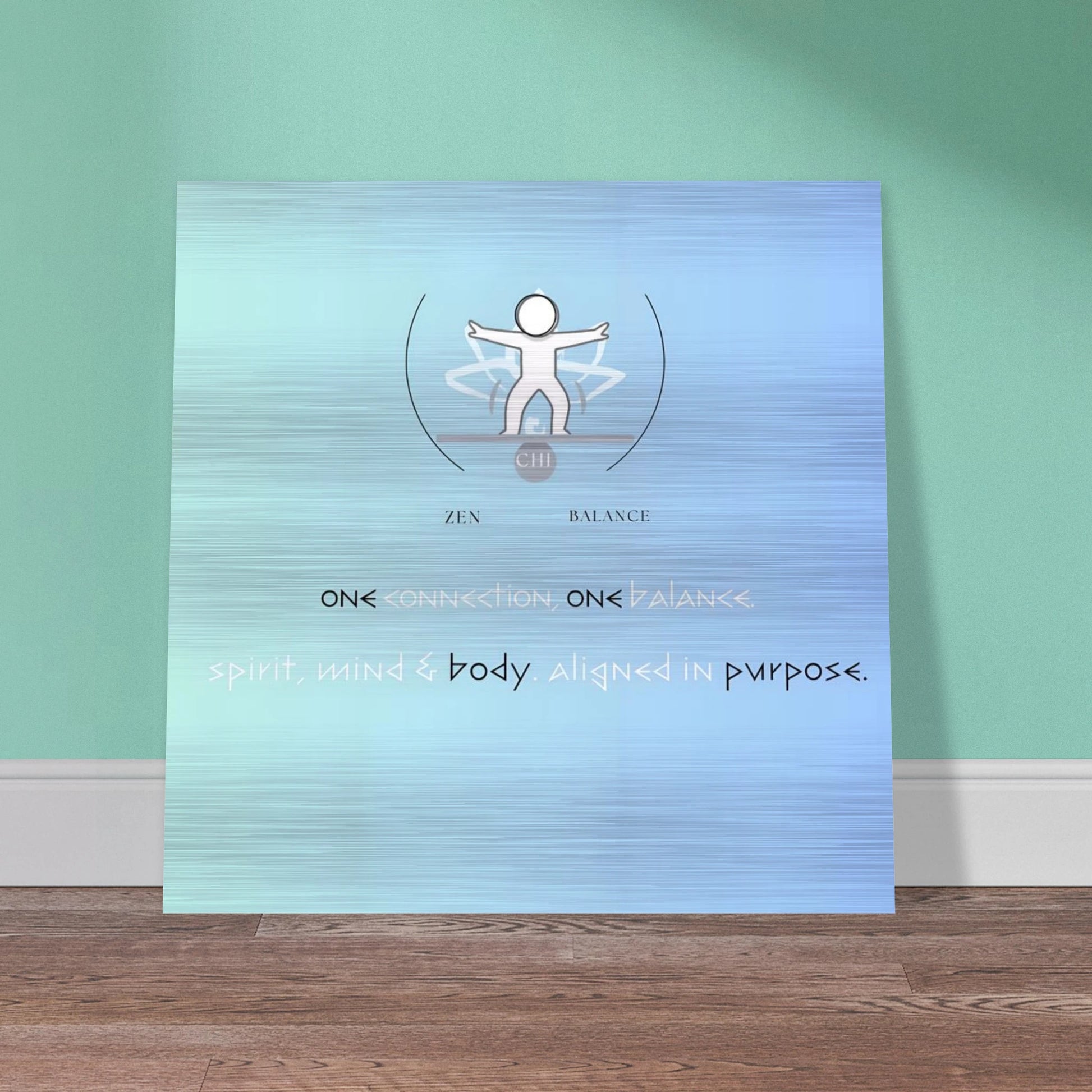 Decorative wall panel with abstract design and text on a green wall.