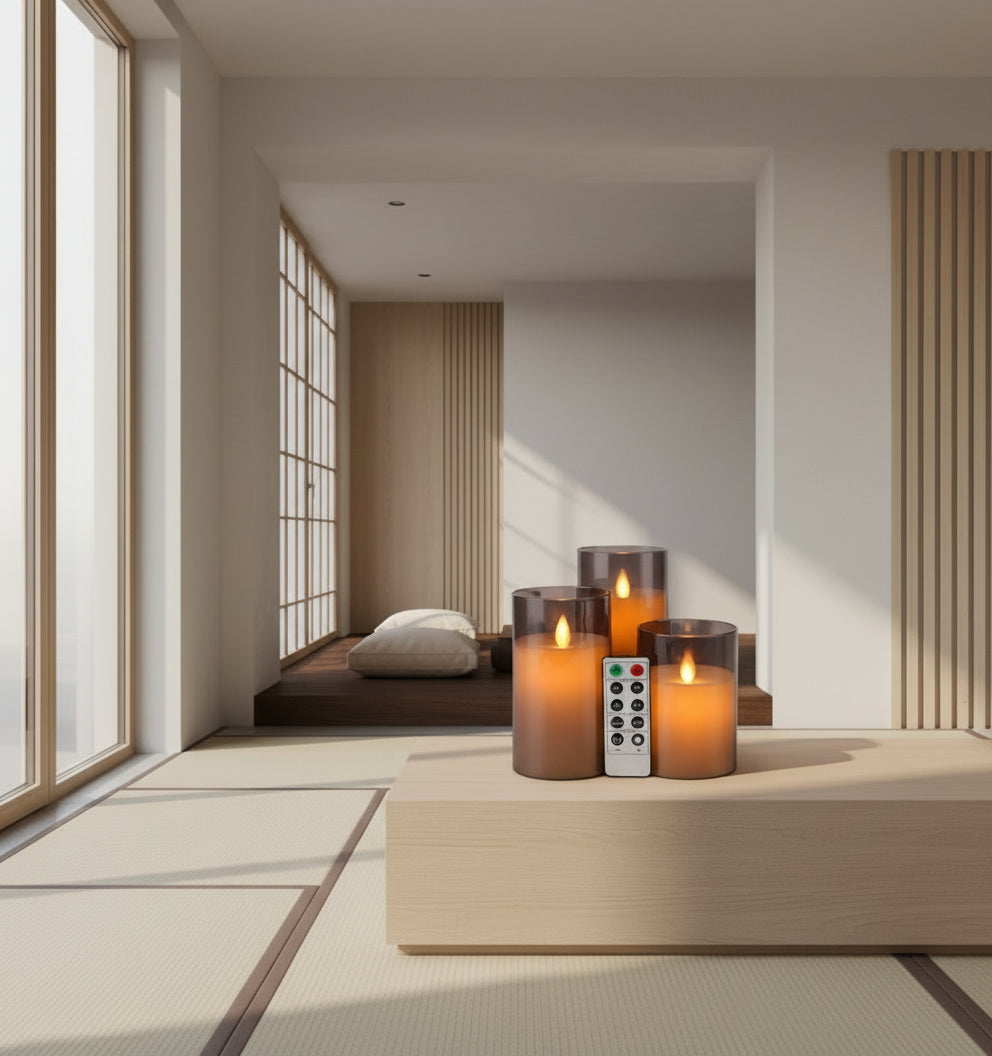 Candle holder with three candles in a minimalistic room with large windows.