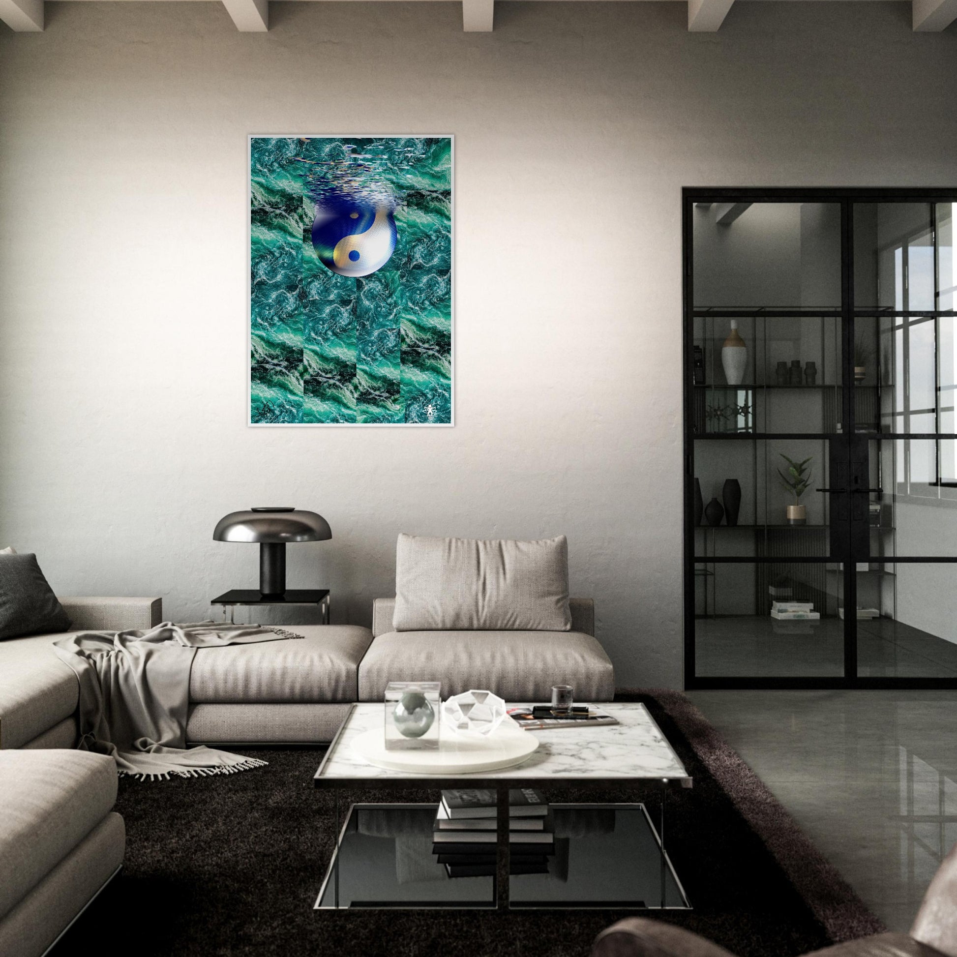 Modern living room with a painting of a fish on the wall