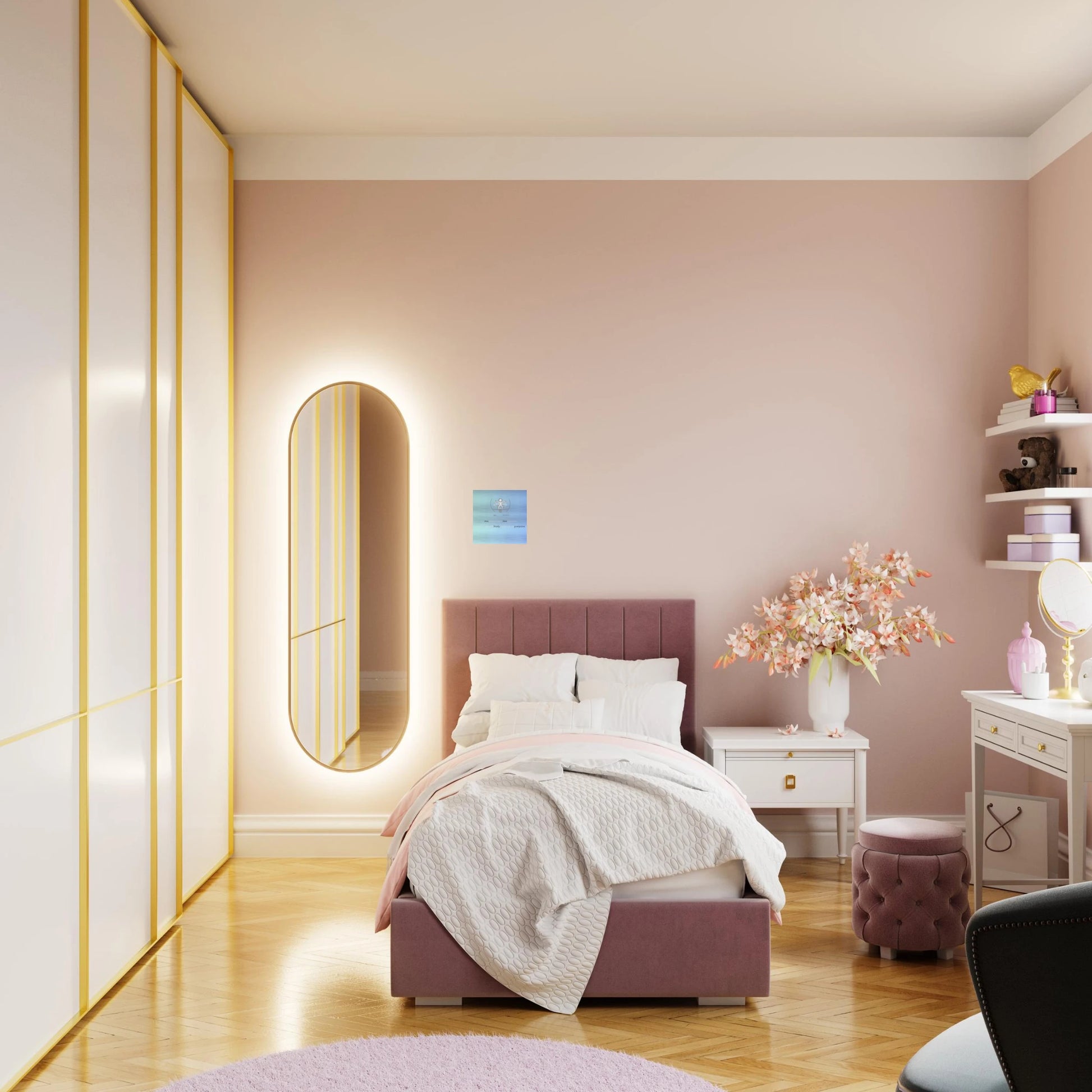 Modern bedroom with pink bed, mirror, and decor