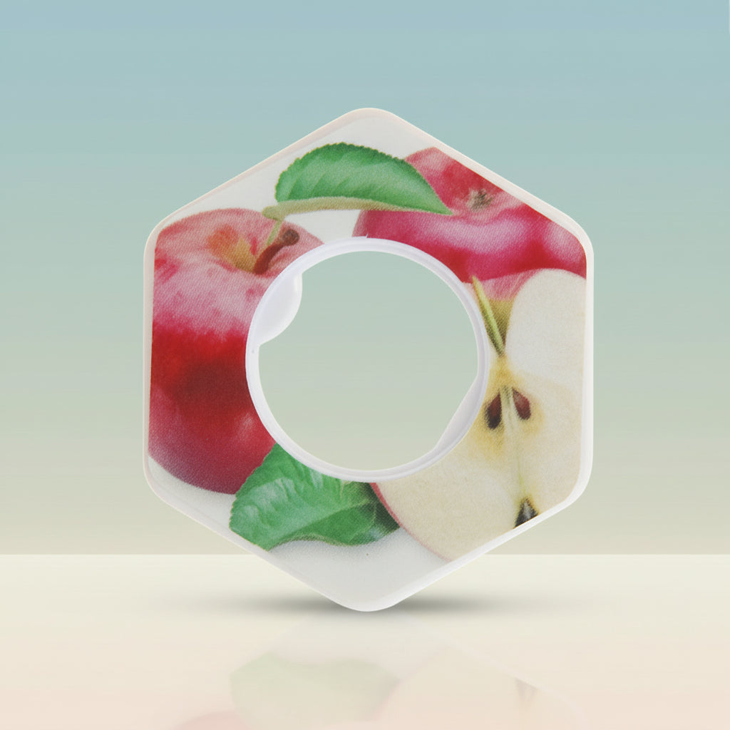 Hexagonal container with apple design on a gradient background