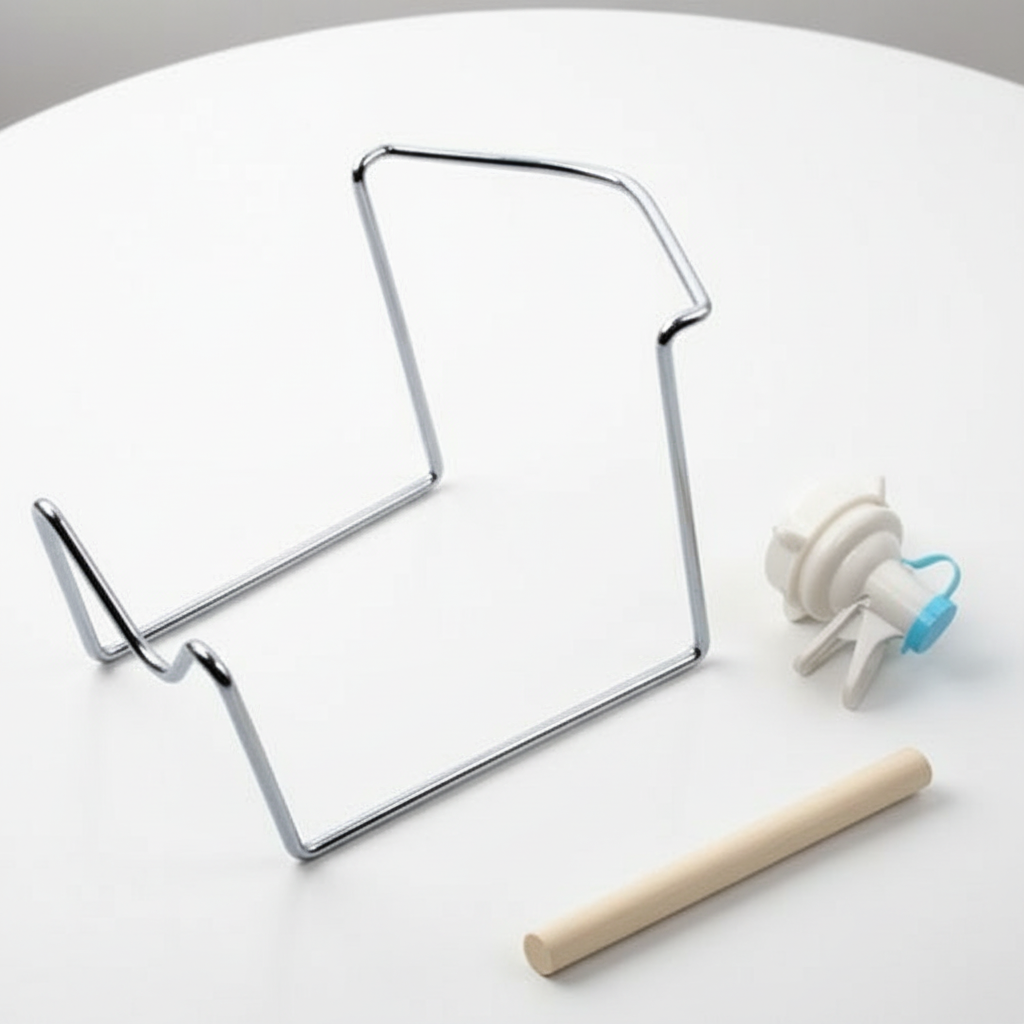 Metal cake pan, rolling pin, and small white object on a light gray background