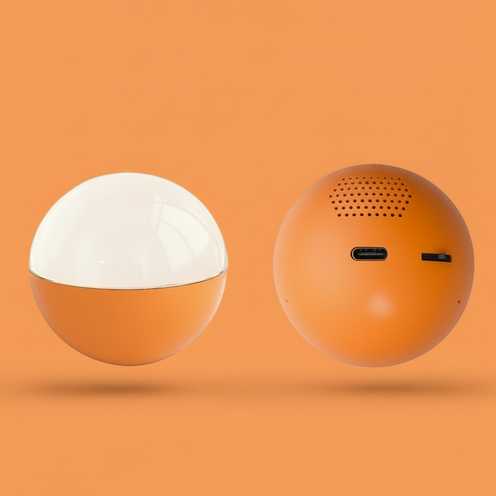 Two spherical objects, one white and one orange with a speaker design, on an orange background.