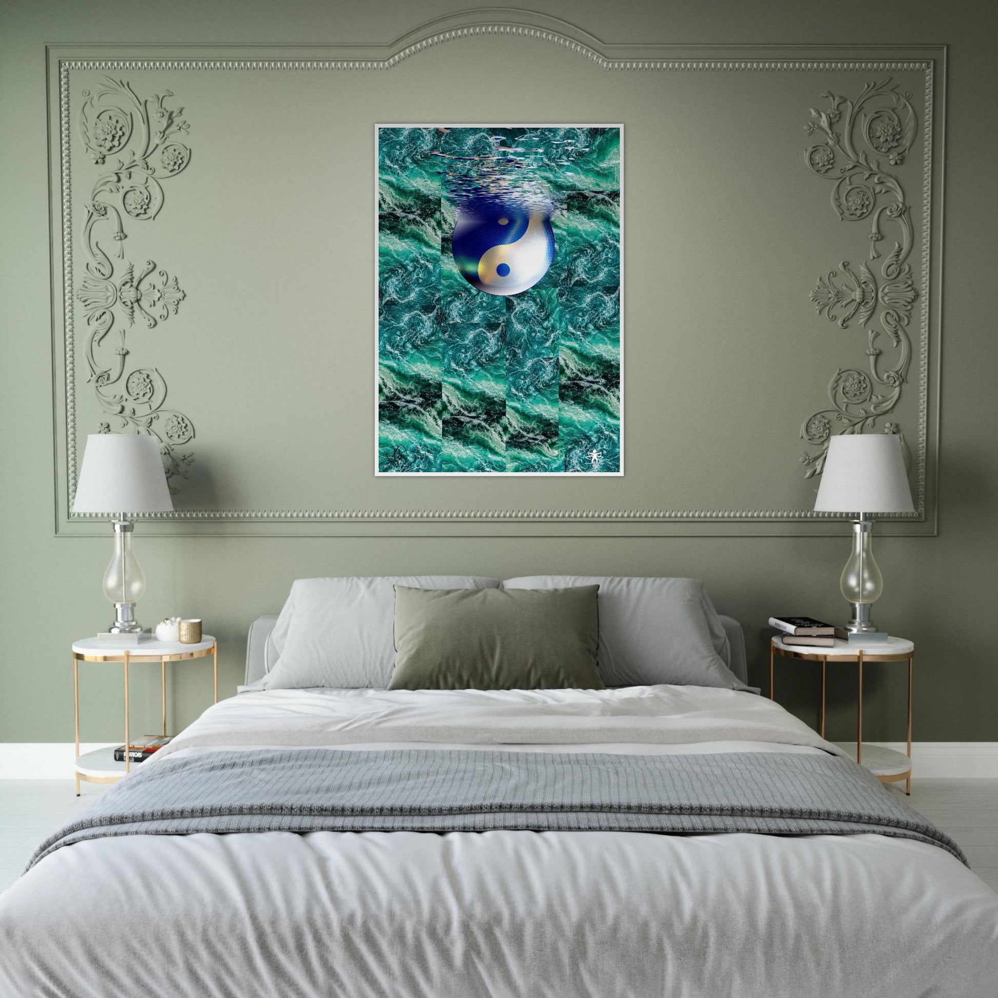 Bedroom with a decorative wall above the bed featuring a framed artwork of a fish.