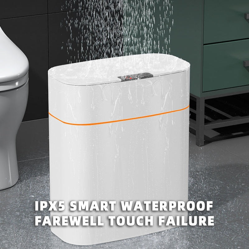 White rectangular device with an orange stripe in a bathroom setting, featuring text about waterproofing.