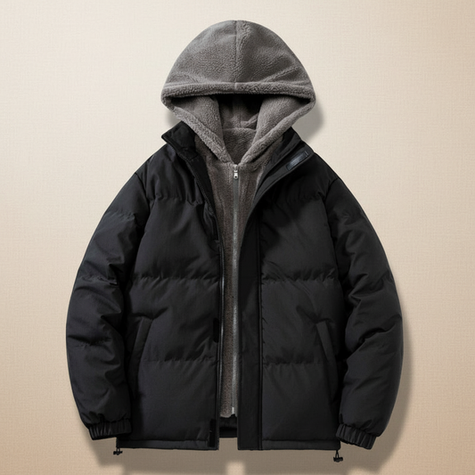 Black puffer jacket with gray hood on a beige background