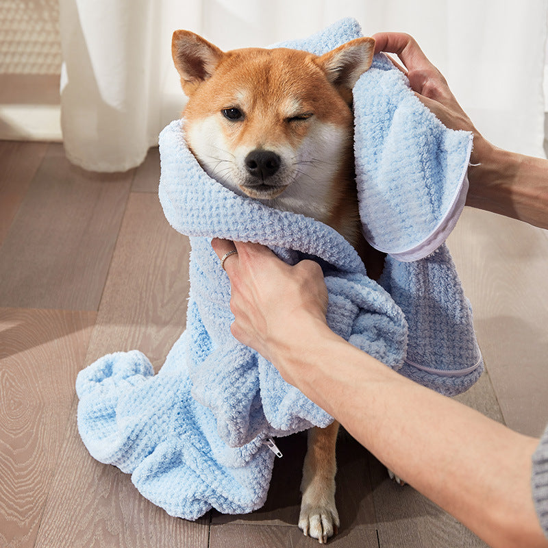 Dog wrapped in a blue towel being held by a person on a wooden floor.