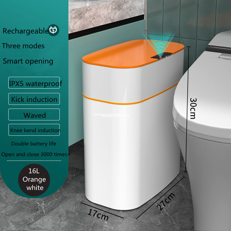 White and orange trash can with features listed on a green panel in a bathroom setting.