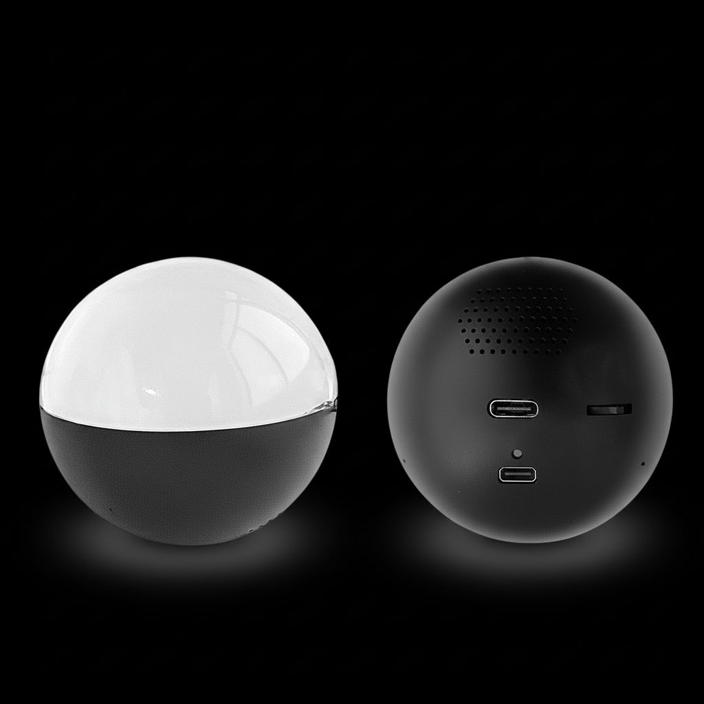 Two spherical devices, one white and one black, on a black background
