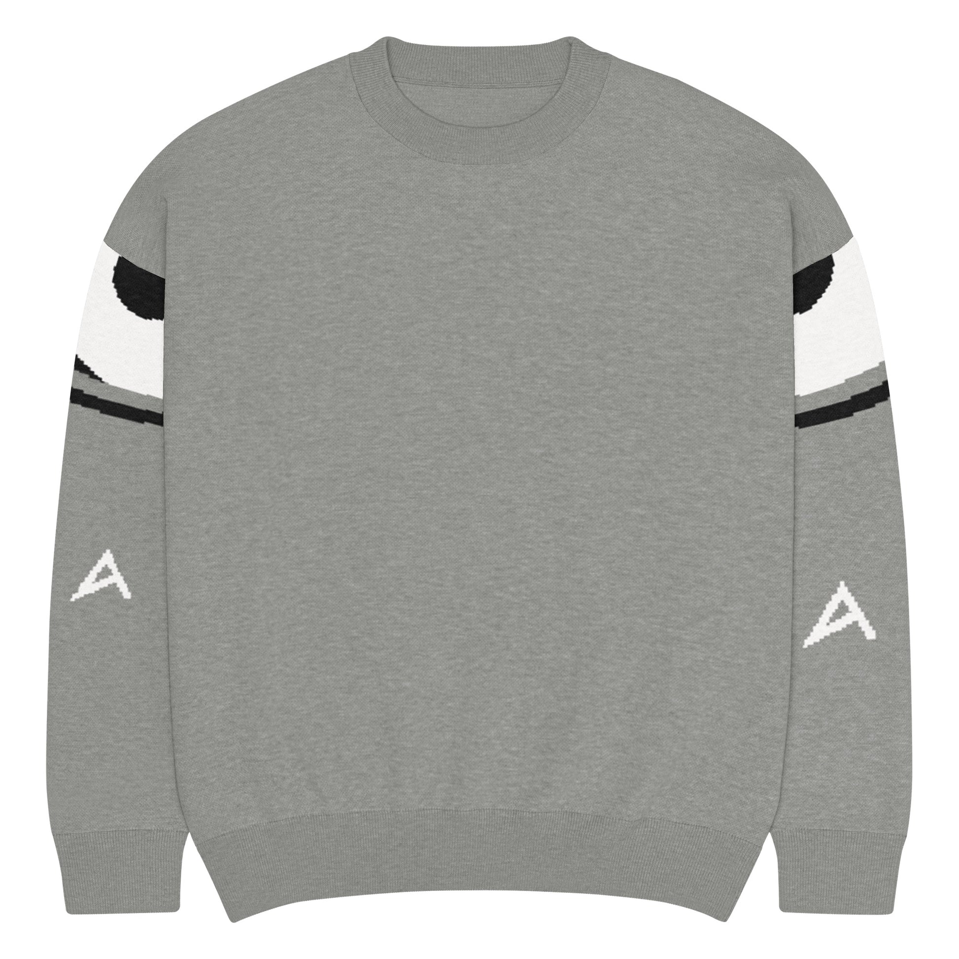 Gray sweatshirt with black and white sleeve designs on a white background