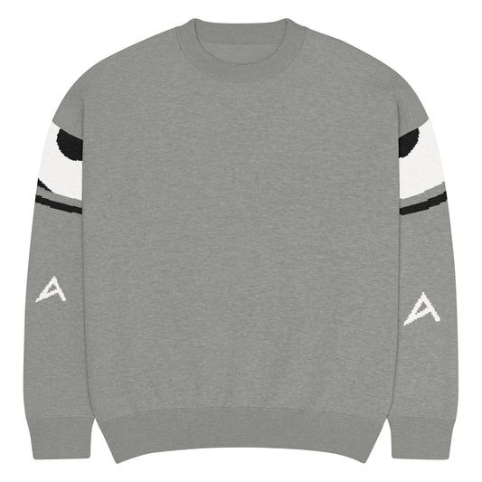 Gray sweatshirt with black and white sleeve designs on a white background
