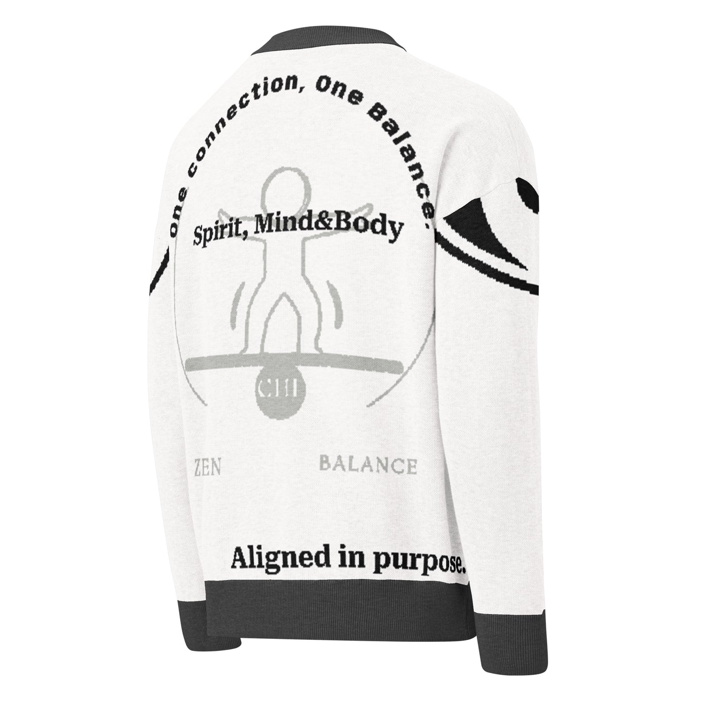 White jacket with black text and graphics on the back, featuring motivational phrases and a silhouette design.