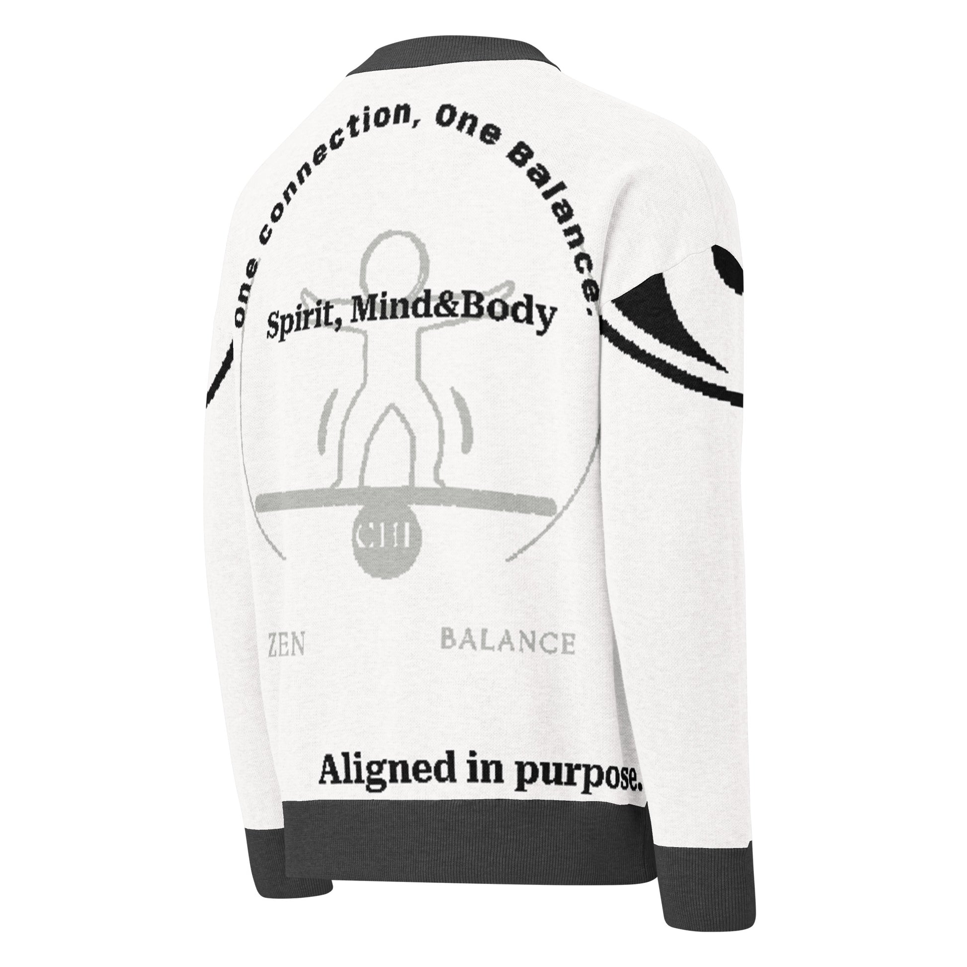 White jacket with black text and graphics on the back, featuring motivational phrases and a silhouette design.