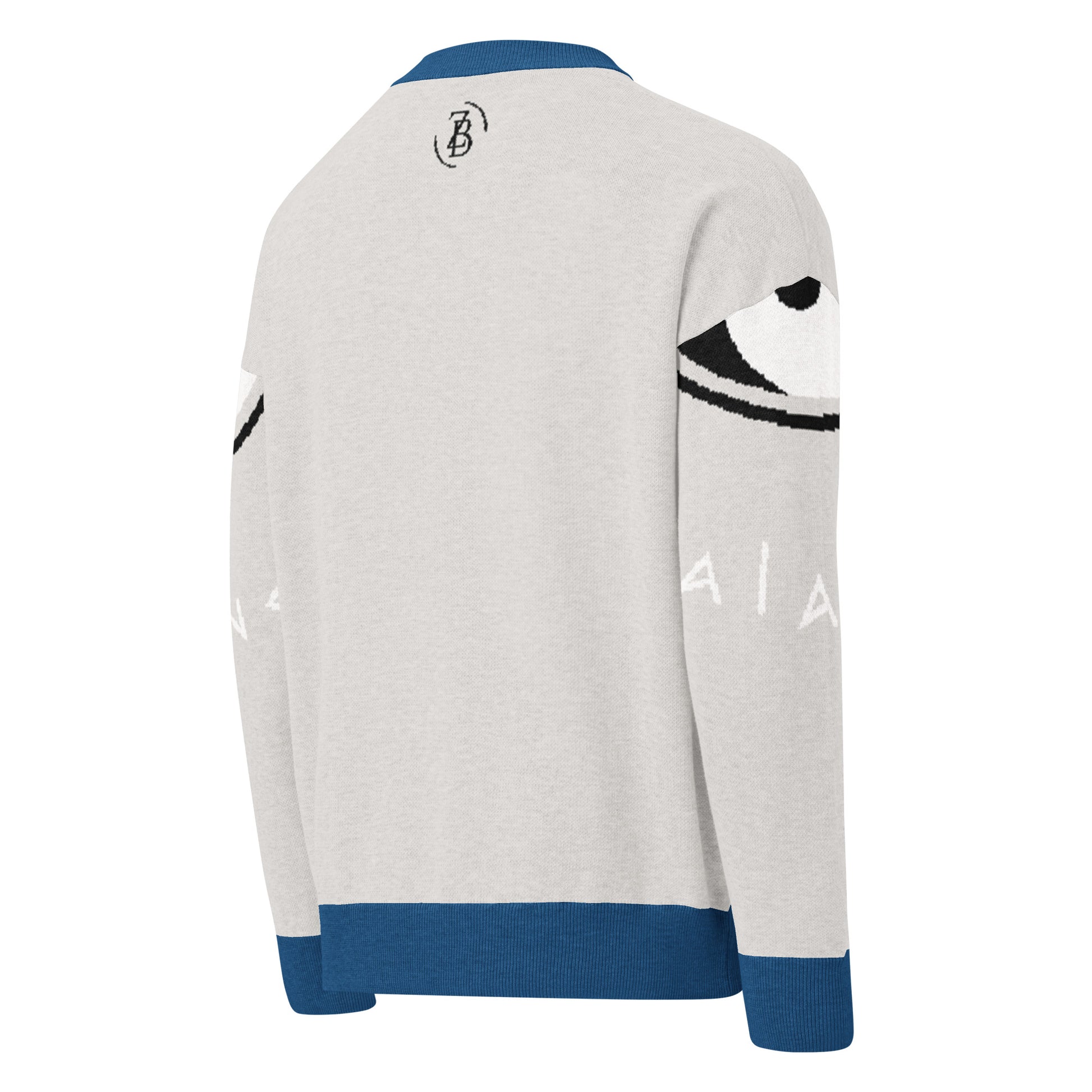 Gray sweater with blue accents and branding on a white background
