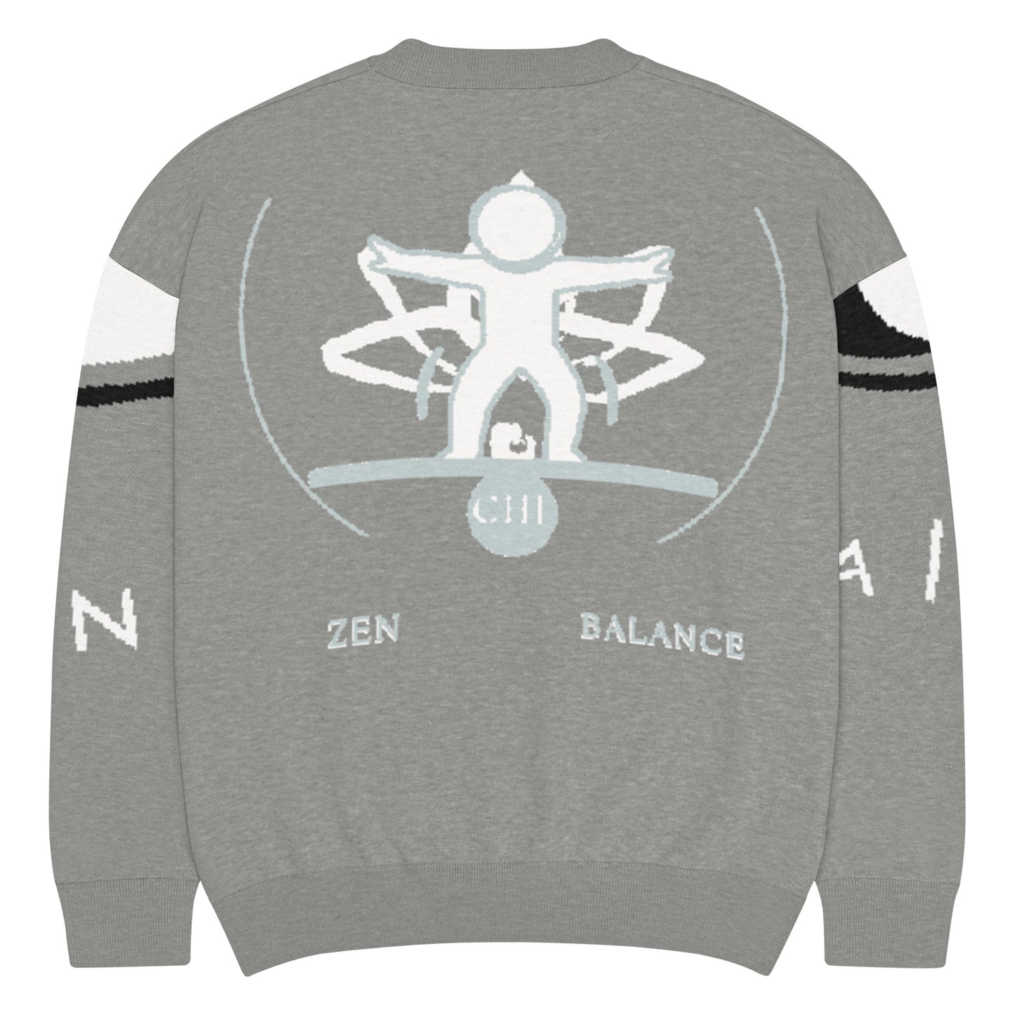 Gray sweatshirt with a central design and text on a white background