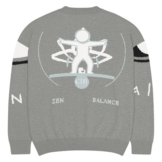Gray sweatshirt with a central design and text on a white background
