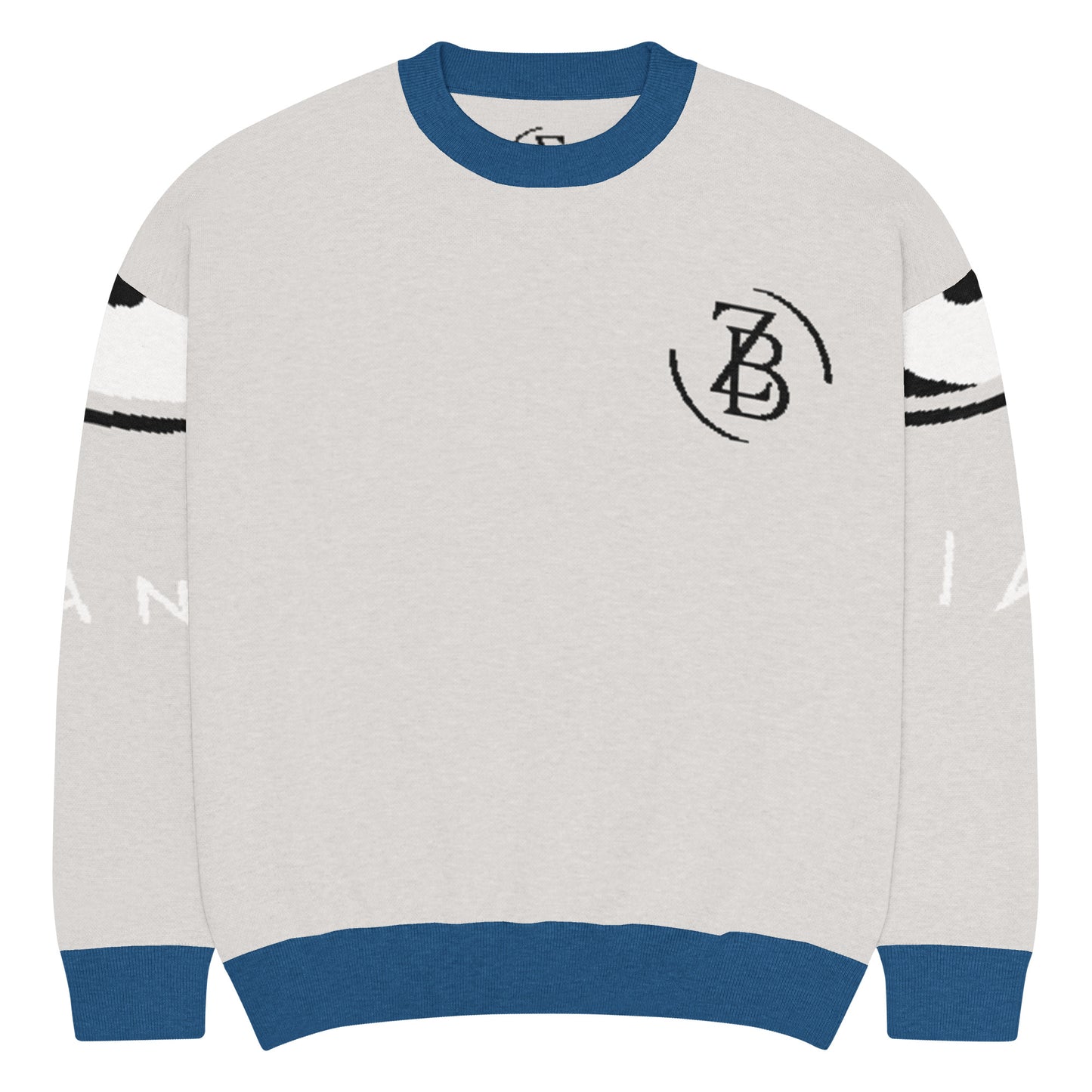 Gray sweater with blue and white accents on a white background